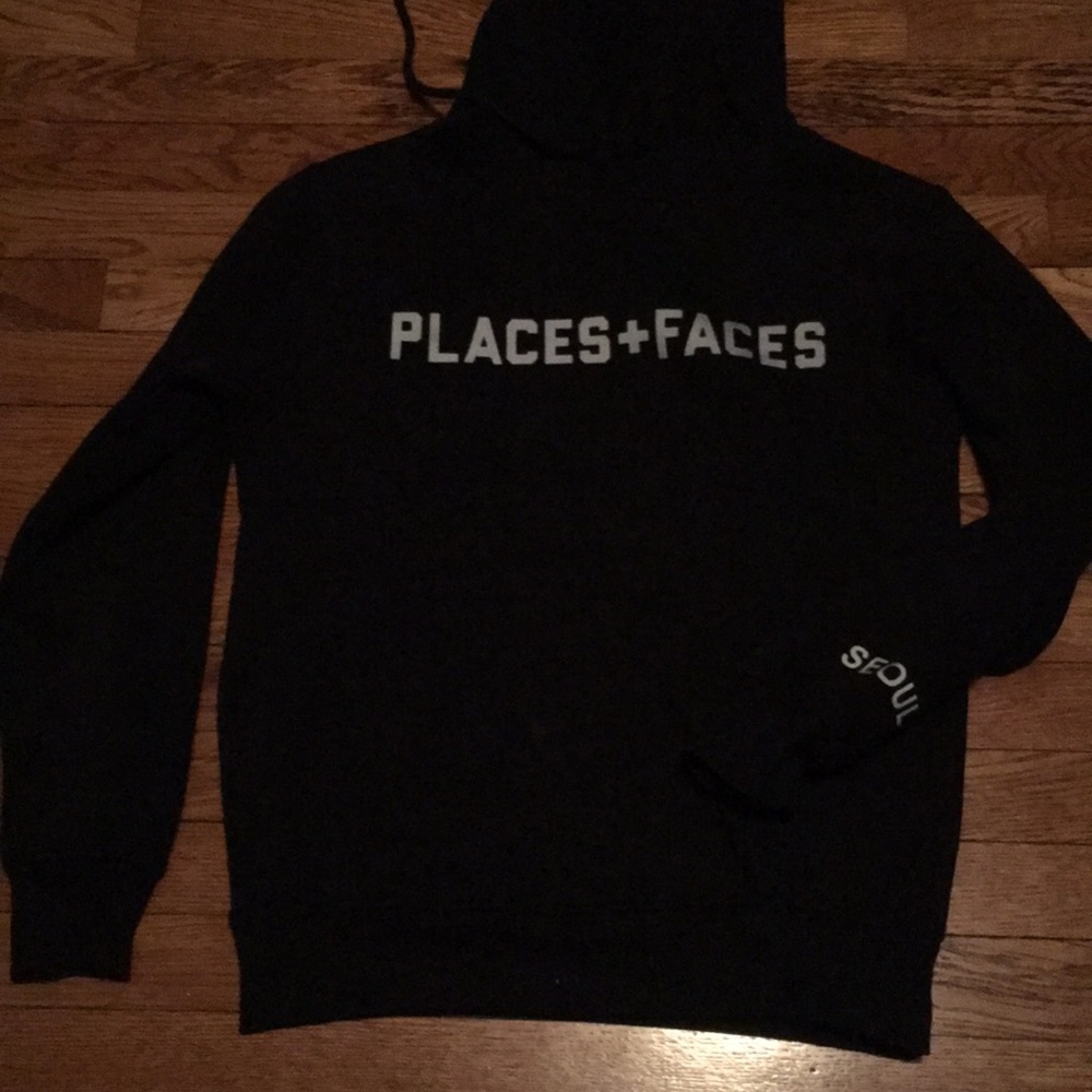 Size Small worn Places + Faces Hoodie